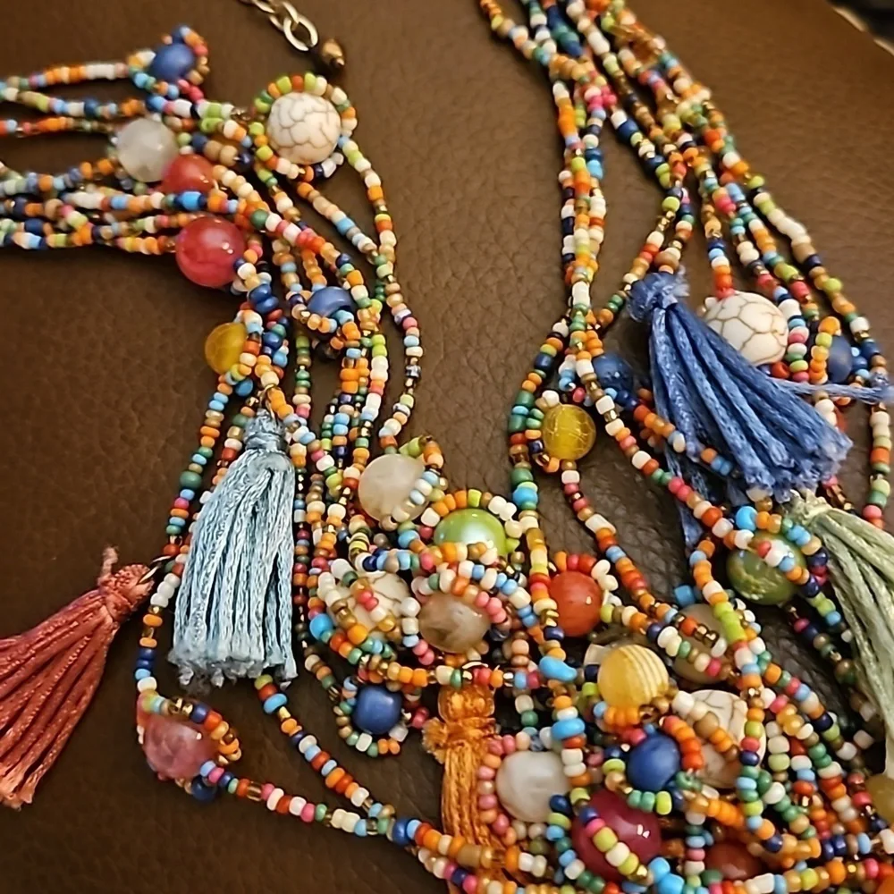 CHICO'S Hagen 9 Festive Rainbow Beaded Tassel Multi-strand Boho Fiesta Necklace